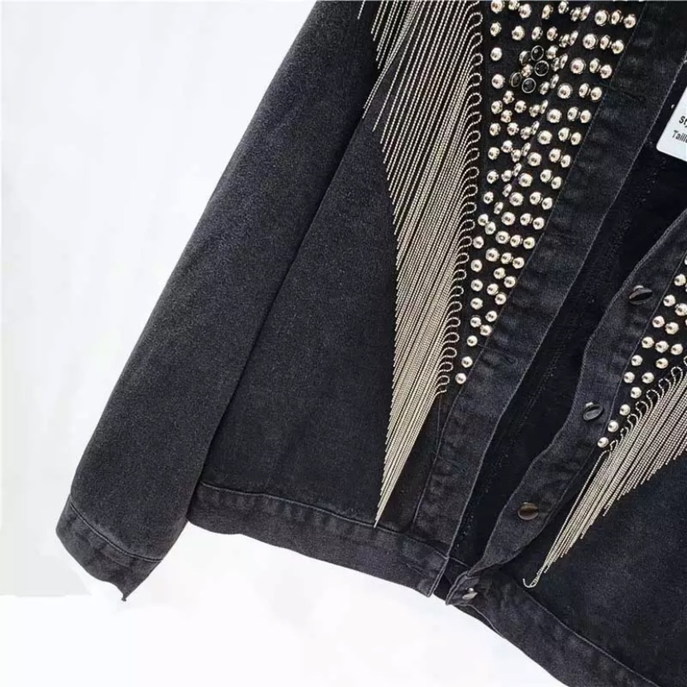 SOLD OUT Black Oversized Studded Chain Fringe Denim Jacket - Picture 7 of 8